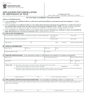 Pennsylvania MV-16 Title Cancellation Application