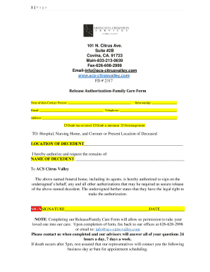 California Release Authorization Family Care Form