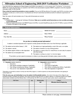 2018-2019 FAFSA Verification Worksheet