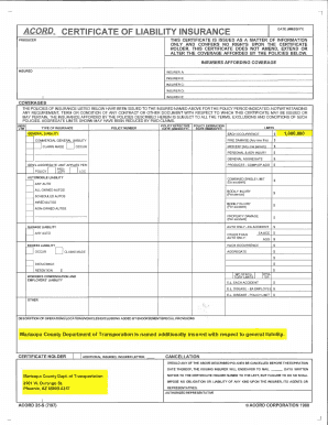 Certificate of Liability Insurance