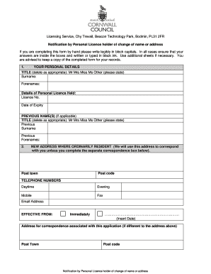 UK Personal Licence Change of Name or Address Notification