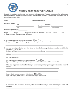 Medical Form for Study Abroad