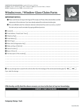 Windscreen Window Glass Claim Form