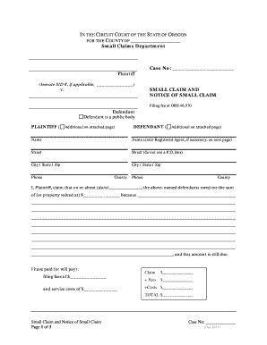 Oregon Small Claim and Notice of Small Claim