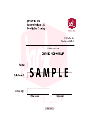 Jack in the Box Food Safety Training Certificate