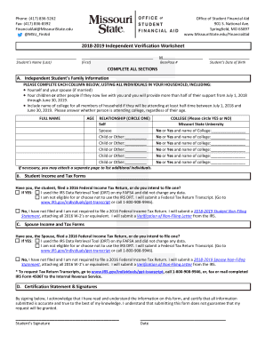 2018-2019 Independent Verification Worksheet