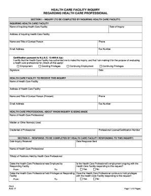 Health Care Facility Inquiry Regarding Health Care Professional