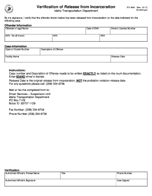 Idaho Verification of Release from Incarceration