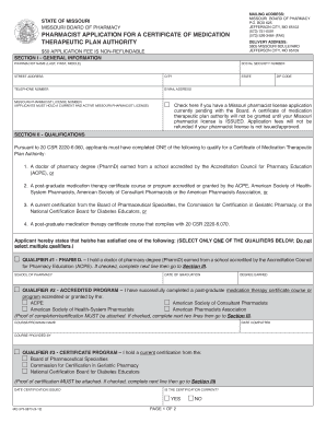 Missouri Pharmacist Certificate of Medication Therapeutic Plan Authority Application