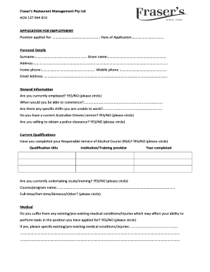 Fraser’s Restaurant Employment Application