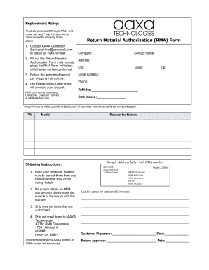 AAXA Return Material Authorization Form