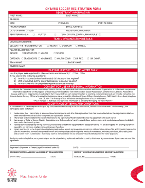 Ontario Soccer Registration Form