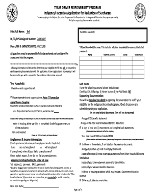 Texas Driver Responsibility Program Indigency/Incentive Application