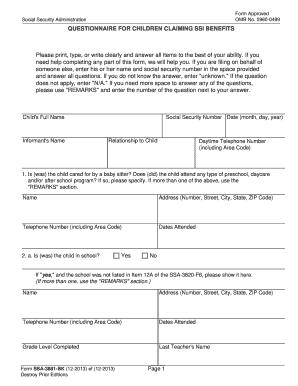 Questionnaire for Children Claiming SSI Benefits