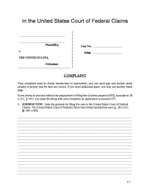 US Court of Federal Claims Complaint Form