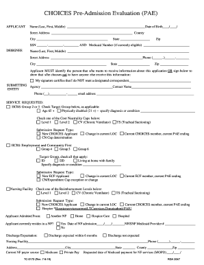 CHOICES Pre-Admission Evaluation Form