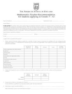 Mathematics Teacher Recommendation Form