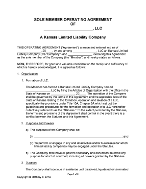 Kansas Sole Member Operating Agreement