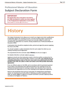 Professional Master of Education Subject Declaration Form
