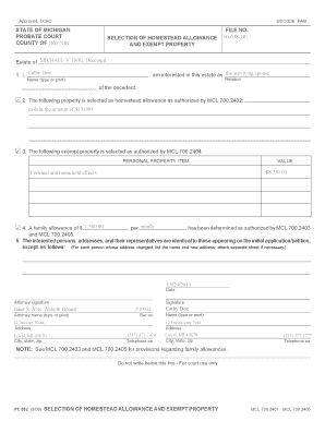 Michigan Homestead Allowance and Exempt Property Form