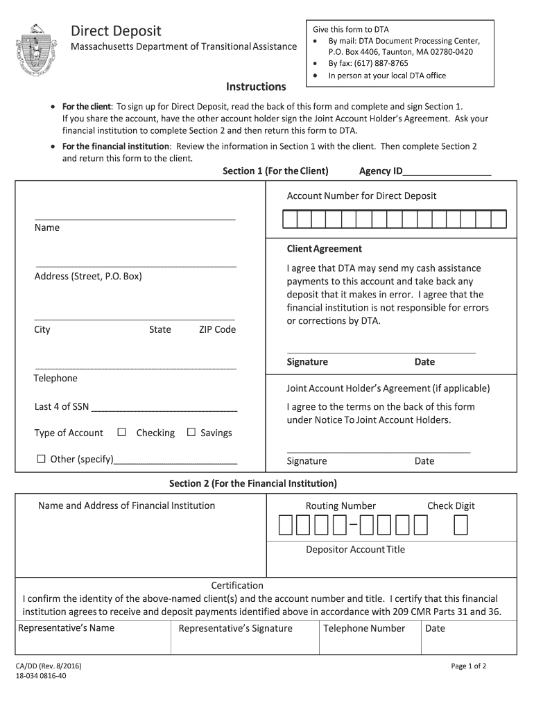 dta direct deposit form Preview on Page 1