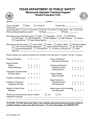 Texas Motorcycle Operator Training Program Evaluation Form