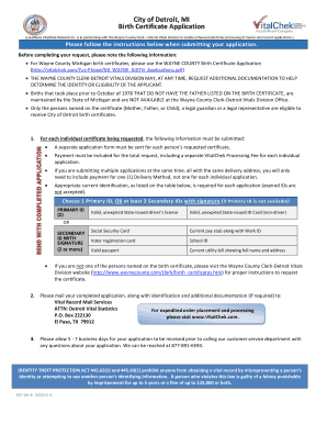 City of Detroit Birth Certificate Application