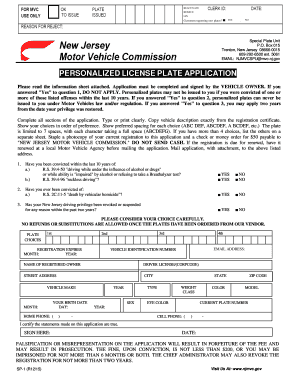 New Jersey Personalized License Plate Application
