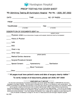 Preoperative Testing Fax Cover Sheet
