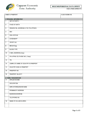 Cagayan Economic Zone Personal Data Sheet