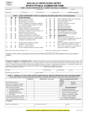Napa Valley Unified School District Sports Physical Examination Form