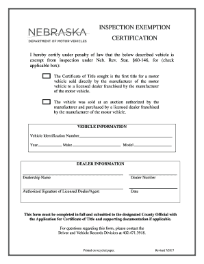 Nebraska Vehicle Inspection Exemption Certification
