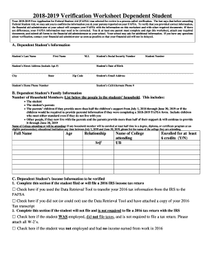 2018-2019 Verification Worksheet Dependent Student