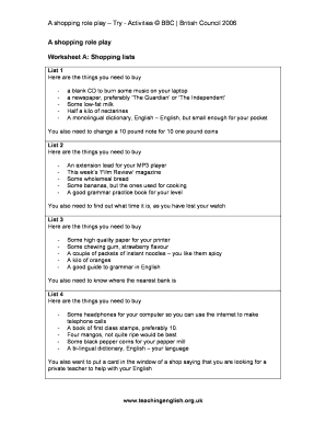 Shopping Role Play Worksheet