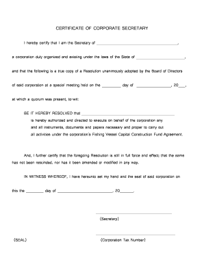 Certificate of Corporate Secretary