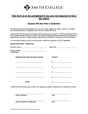 Student IRS Non-Filer's Statement