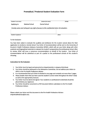 Premedical Predental Student Evaluation Form