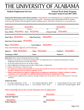 Federal Work Study Program Personnel Action Form