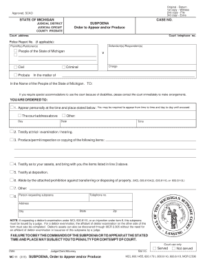 Michigan Subpoena Order to Appear and/or Produce