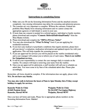 Hina Mauka Screening Information Form