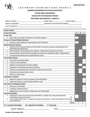 Caribbean Secondary Education Certificate Research Project Cover Sheet