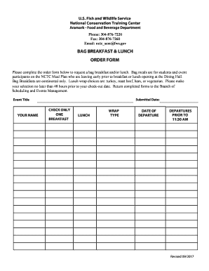 BAG BREAKFAST &amp; LUNCH ORDER FORM