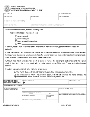 Missouri Affidavit for Replacement Check