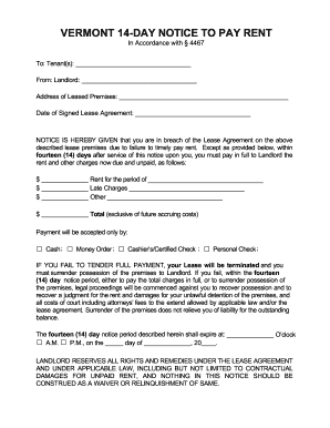 Vermont 14-Day Notice to Pay Rent