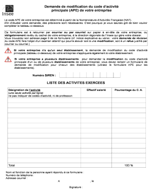 Demande de modification du code d’activité principale (APE)