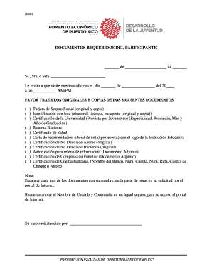 Formulario de Solicitud de Documentos del Participante de Juvempleo