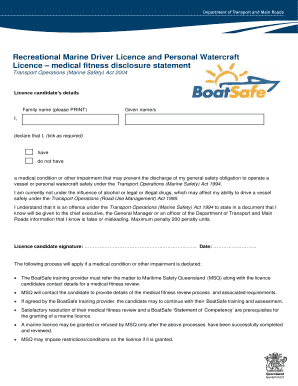 Recreational Marine Driver Licence Medical Fitness Disclosure