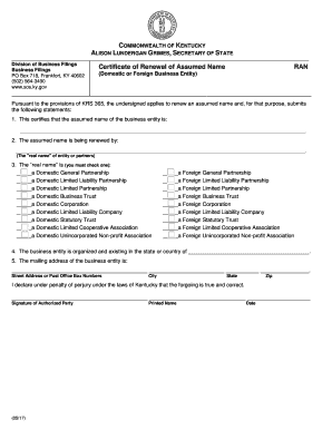 Kentucky Certificate of Renewal of Assumed Name