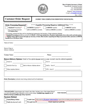 West Virginia Business Filing Order Request