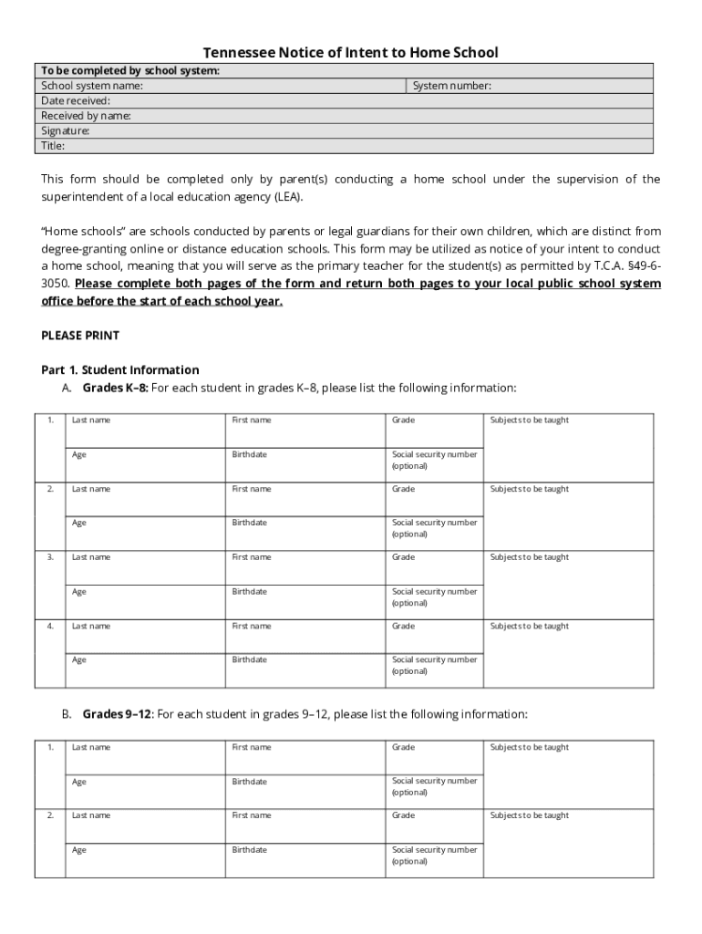 tennessee intent to homeschool Preview on Page 1